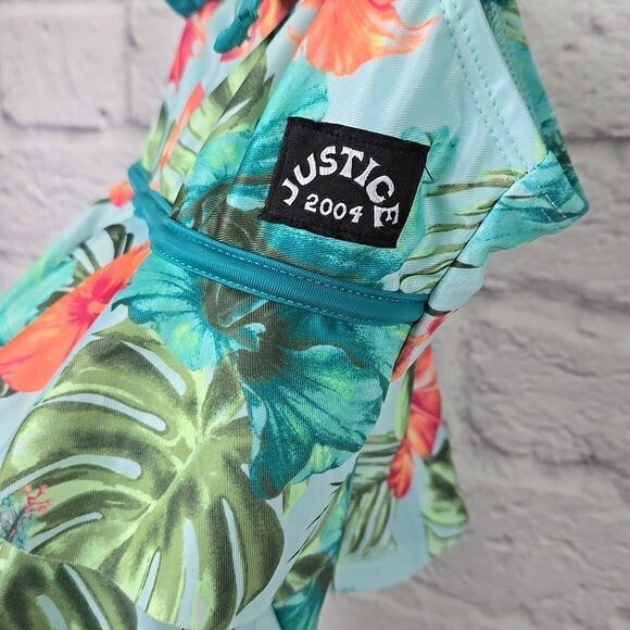 Justice Girls Teal Hibiscus Tiered Ruffle Tankini 2pc Set Swimsuit Bathing Suit - Picture 5 of 10